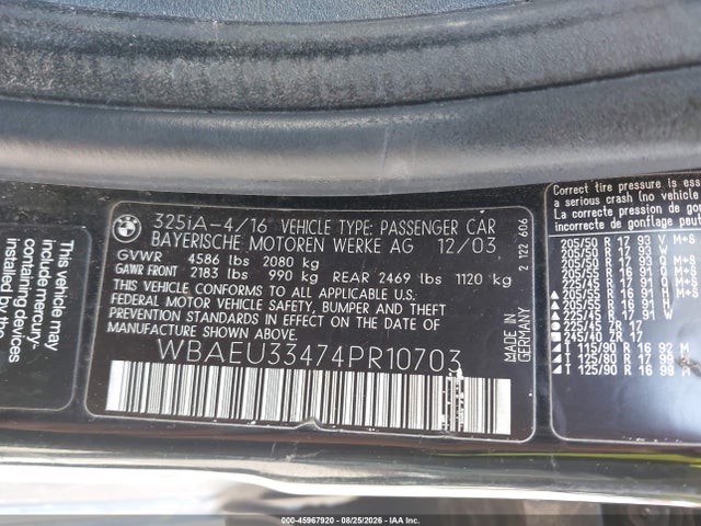 45967920 :رقم المزاد ، WBAEU33474PR10703 vin ، 2004 Bmw 325xi مزاد بيع