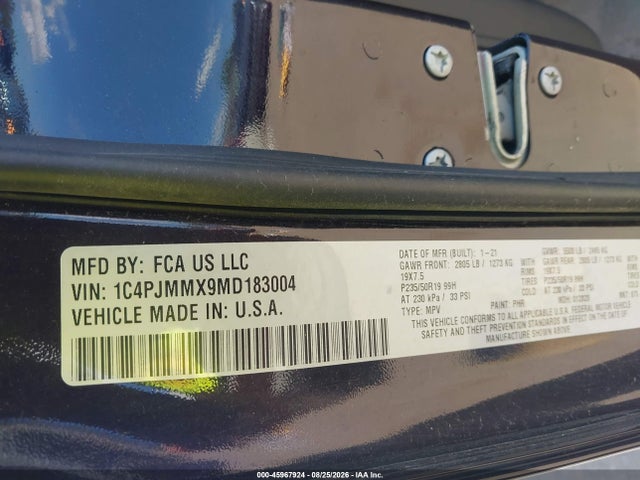 Продажа на аукционе авто 2021 Jeep Cherokee Latitude Lux, vin: 1C4PJMMX9MD183004, номер лота: 45967924
