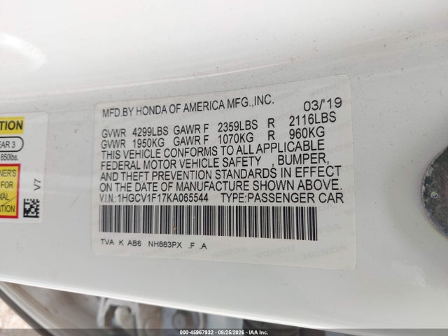 2019 Honda Accord Lx მანქანა იყიდება აუქციონზე, vin: 1HGCV1F17KA065544, აუქციონის ნომერი: 45967932