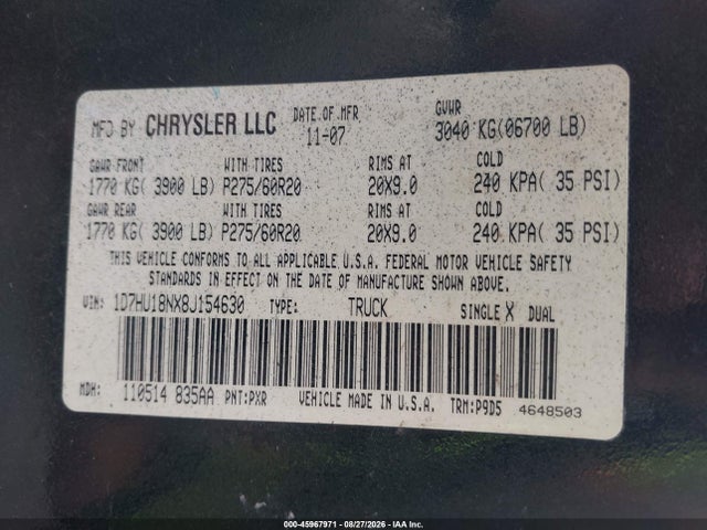 45967971 :رقم المزاد ، 1D7HU18NX8J154630 vin ، 2008 Dodge Ram 1500 Slt مزاد بيع