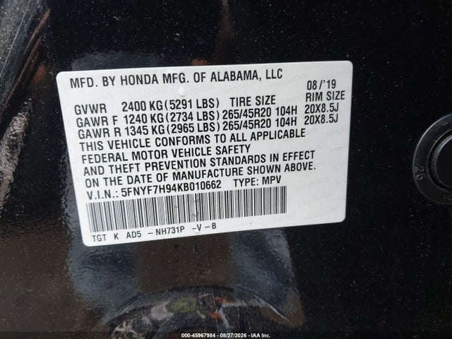 Aukcja sprzedaży 2019 Honda Passport Touring, vin: 5FNYF7H94KB010662, numer aukcji: 45967984
