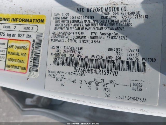 Aukcja sprzedaży 2020 Ford Fusion Se, vin: 3FA6P0HD4LR159790, numer aukcji: 45967995