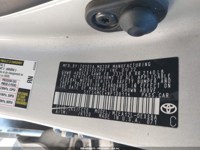 2022 Toyota Corolla Se მანქანა იყიდება აუქციონზე, vin: 5YFS4MCE4NP108114, აუქციონის ნომერი: 45968013