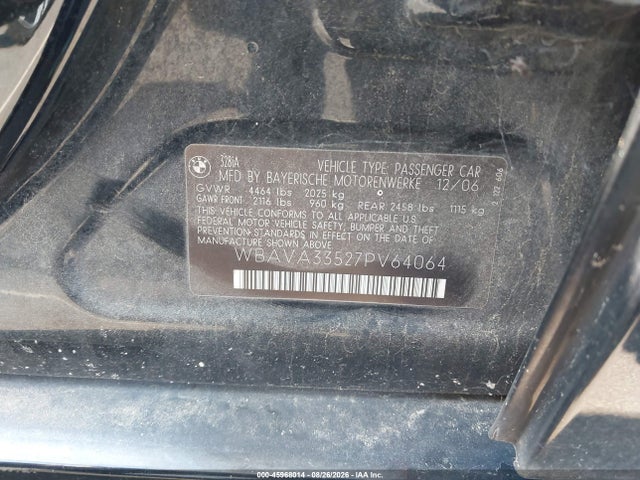 45968014 :رقم المزاد ، WBAVA33527PV64064 vin ، 2007 Bmw 328i مزاد بيع