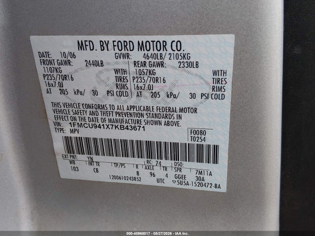 Продажа на аукционе авто 2007 Ford Escape Limited, vin: 1FMCU941X7KB43671, номер лота: 45968017