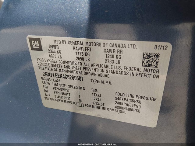Aukcja sprzedaży 2012 Chevrolet Equinox Lt W/1lt, vin: 2GNFLEEK4C6260607, numer aukcji: 45968048