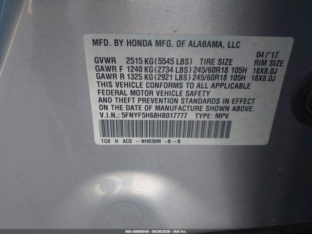 Продажа на аукционе авто 2017 Honda Pilot Ex-l, vin: 5FNYF5H68HB017777, номер лота: 45968049