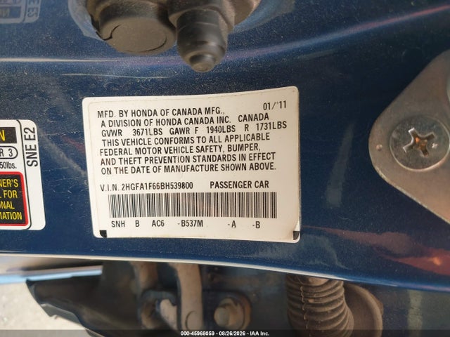 Продаж на аукціоні авто 2011 Honda Civic Lx-s, vin: 2HGFA1F66BH539800, номер лоту: 45968059