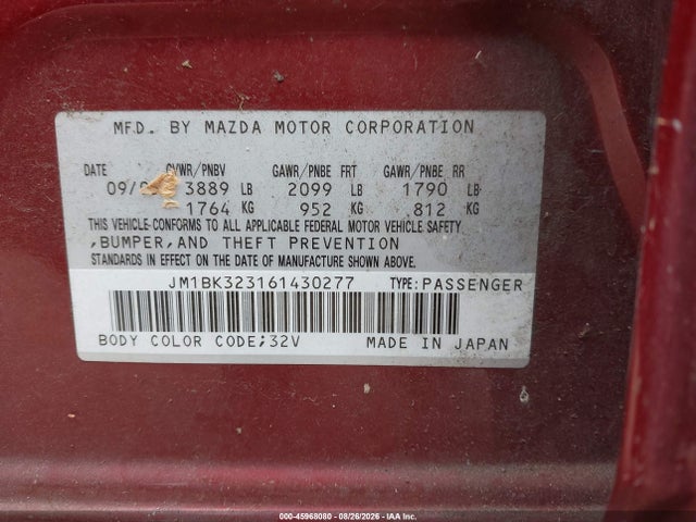 Продаж на аукціоні авто 2006 Mazda Mazda3 S, vin: JM1BK323161430277, номер лоту: 45968080