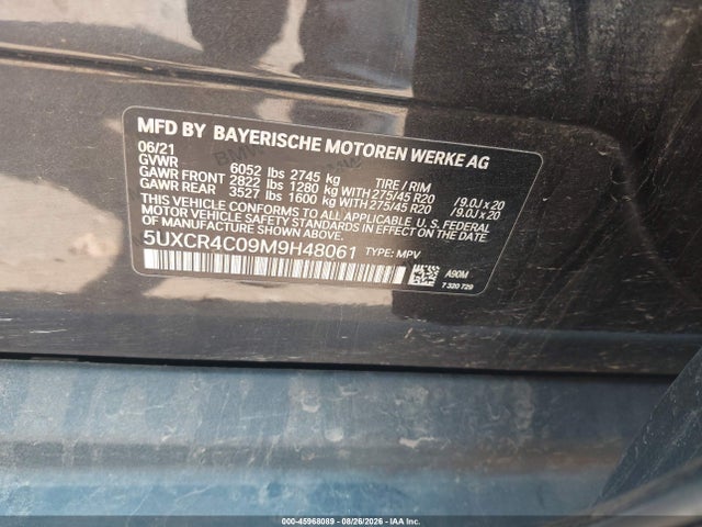 45968089 :رقم المزاد ، 5UXCR4C09M9H48061 vin ، 2021 Bmw X5 Sdrive40i مزاد بيع