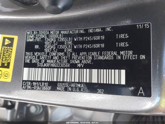 Aukcja sprzedaży 2016 Toyota Highlander Xle V6, vin: 5TDJKRFH8GS230568, numer aukcji: 45968095