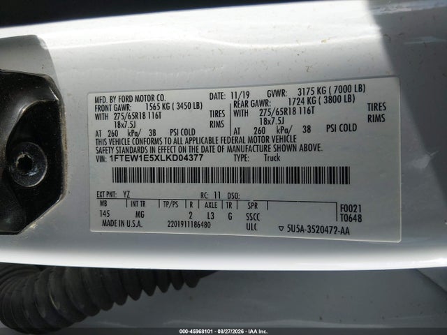 2020 Ford F-150 Xlt მანქანა იყიდება აუქციონზე, vin: 1FTEW1E5XLKD04377, აუქციონის ნომერი: 45968101