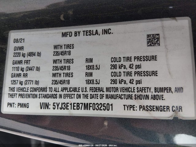 45968120 :رقم المزاد ، 5YJ3E1EB7MF032501 vin ، 2021 Tesla Model 3 Long Range Dual Motor All-wheel Drive مزاد بيع