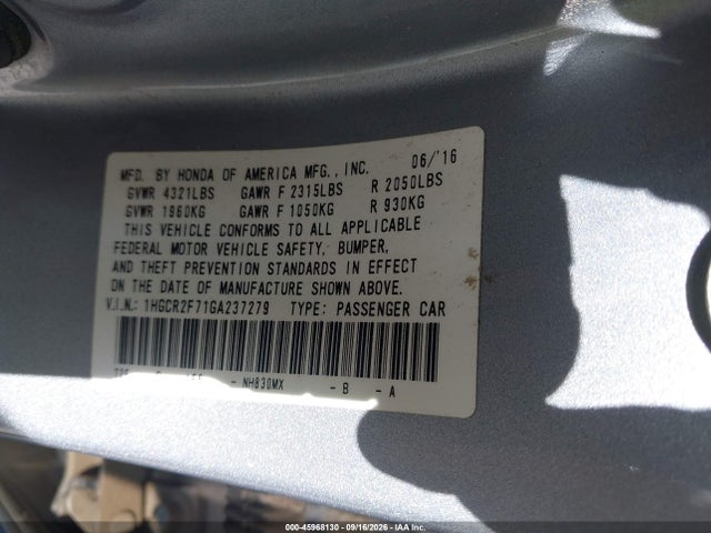 2016 Honda Accord Ex მანქანა იყიდება აუქციონზე, vin: 1HGCR2F71GA237279, აუქციონის ნომერი: 45968130