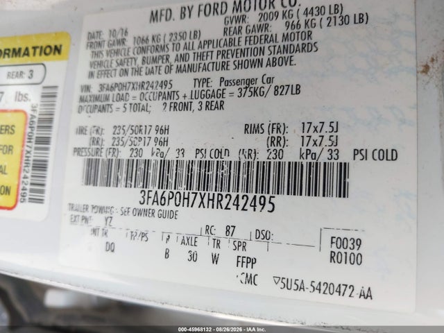 Ford FUSION SE 2017 3FA6P0H7XHR242495 Image 9