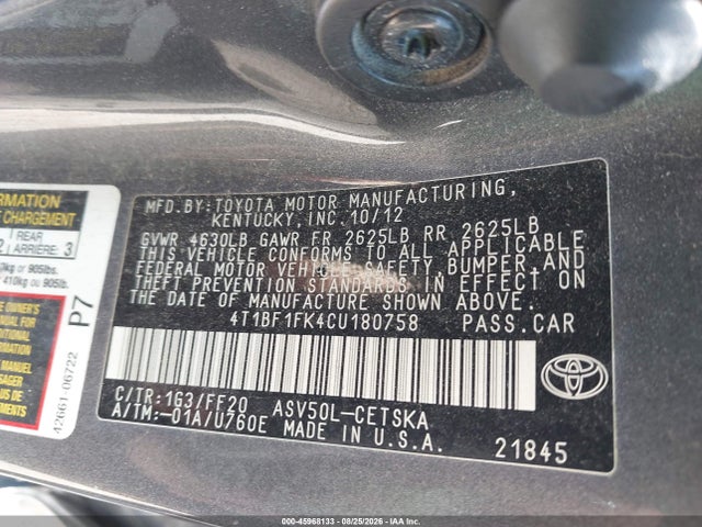 Aukcja sprzedaży 2012 Toyota Camry Se, vin: 4T1BF1FK4CU180758, numer aukcji: 45968133
