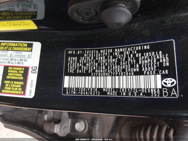 Продажа на аукционе авто 2015 Toyota Corolla Le Plus, vin: 5YFBURHE7FP192646, номер лота: 45968137