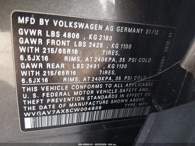 2012 Volkswagen Tiguan Le მანქანა იყიდება აუქციონზე, vin: WVGAV7AX5CW004939, აუქციონის ნომერი: 45968141