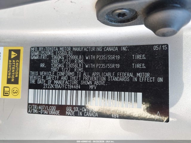 2015 Lexus Rx 350 მანქანა იყიდება აუქციონზე, vin: 2T2ZK1BA7FC194484, აუქციონის ნომერი: 45968142