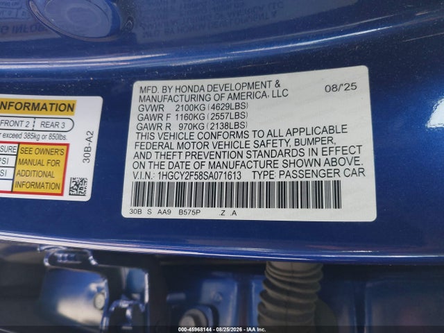 Aukcja sprzedaży 2025 Honda Accord Hybrid Sport, vin: 1HGCY2F58SA071613, numer aukcji: 45968144