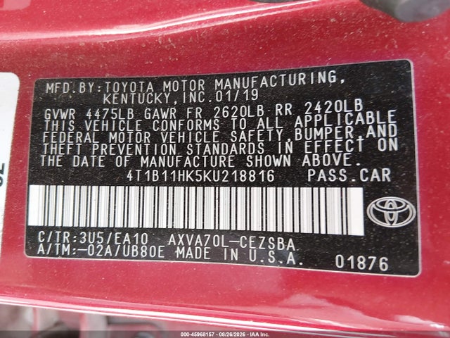 45968157 :رقم المزاد ، 4T1B11HK5KU218816 vin ، 2019 Toyota Camry Se مزاد بيع