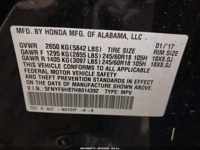 Aukcja sprzedaży 2017 Honda Pilot Ex-l, vin: 5FNYF6H87HB014392, numer aukcji: 45968170