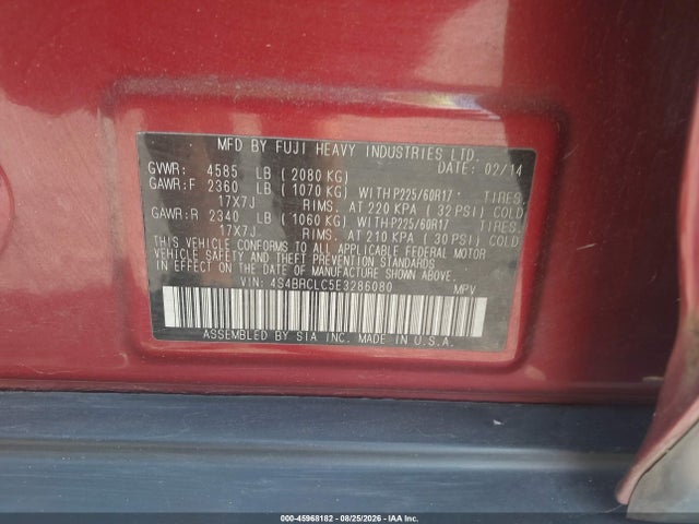 Продаж на аукціоні авто 2014 Subaru Outback 2.5i Limited, vin: 4S4BRCLC5E3286080, номер лоту: 45968182