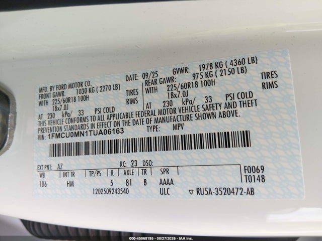 2026 Ford Escape St-line მანქანა იყიდება აუქციონზე, vin: 1FMCU0MN1TUA06163, აუქციონის ნომერი: 45968195