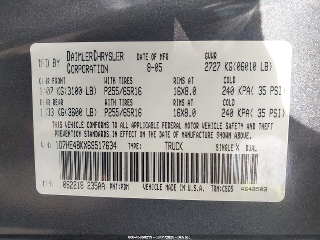 Aukcja sprzedaży 2006 Dodge Dakota Slt, vin: 1D7HE48KX6S517634, numer aukcji: 45968219