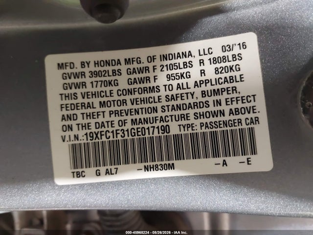 45968224 :رقم المزاد ، 19XFC1F31GE017190 vin ، 2016 Honda Civic Ex-t مزاد بيع