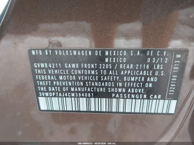 Aukcja sprzedaży 2012 Volkswagen Jetta 2.5l Se, vin: 3VWDP7AJ4CM394081, numer aukcji: 45968232