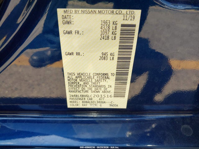 Продаж на аукціоні авто 2020 Nissan Altima S Fwd, vin: 1N4BL4BV6LC203516, номер лоту: 45968236