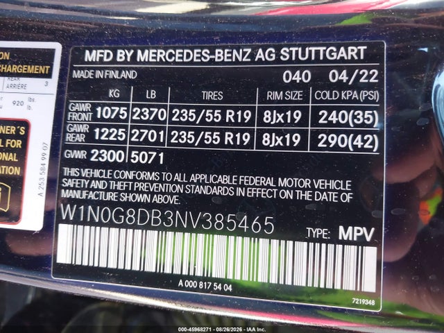 Продаж на аукціоні авто 2022 Mercedes-benz Glc 300 Suv, vin: W1N0G8DB3NV385465, номер лоту: 45968271