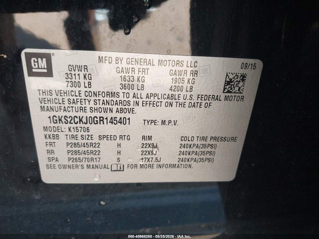 45968280 :رقم المزاد ، 1GKS2CKJ0GR145401 vin ، 2016 Gmc Yukon Denali مزاد بيع