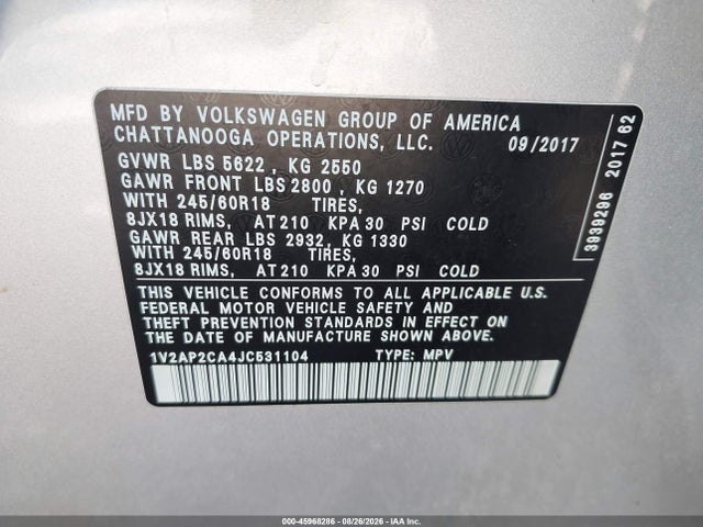 Продажа на аукционе авто 2018 Volkswagen Atlas 2.0t S, vin: 1V2AP2CA4JC531104, номер лота: 45968286