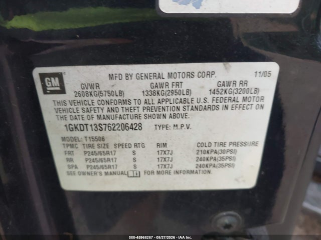 Aukcja sprzedaży 2006 Gmc Envoy Sle, vin: 1GKDT13S762206428, numer aukcji: 45968287