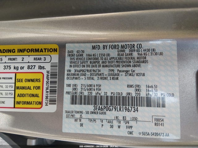 3FA6P0G79LR196734 Ford FUSION S