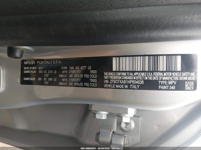 2017 Fiat 500x Pop Fwd მანქანა იყიდება აუქციონზე, vin: ZFBCFXAB1HP604036, აუქციონის ნომერი: 45968293
