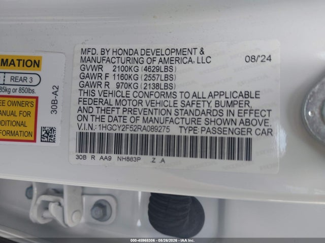 Aukcja sprzedaży 2024 Honda Accord Hybrid Sport, vin: 1HGCY2F52RA089275, numer aukcji: 45968306
