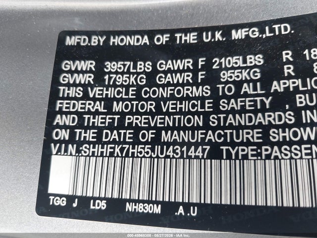 Honda CIVIC EX 2018 SHHFK7H55JU431447 Image 9