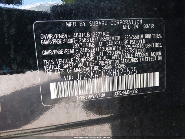 45968309 :رقم المزاد ، JF2SKAPC2KH425525 vin ، 2019 Subaru Forester Sport مزاد بيع