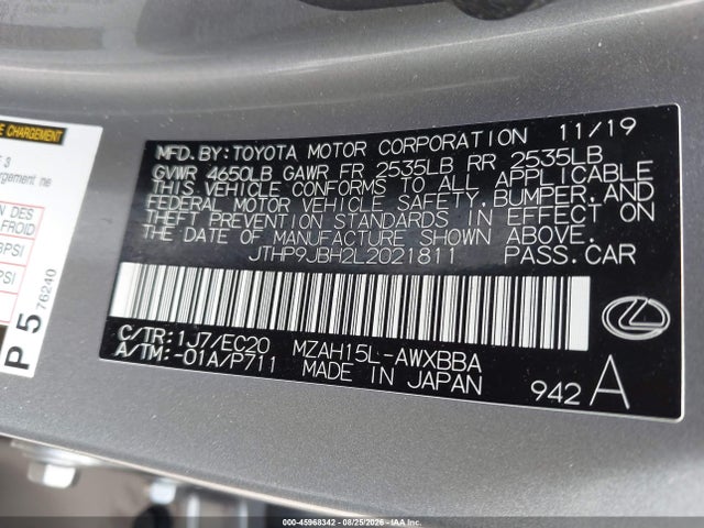 45968342 :رقم المزاد ، JTHP9JBH2L2021811 vin ، 2020 Lexus Ux 250h مزاد بيع