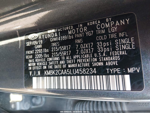 Aukcja sprzedaży 2020 Hyundai Kona Sel, vin: KM8K2CAA5LU458234, numer aukcji: 45968348