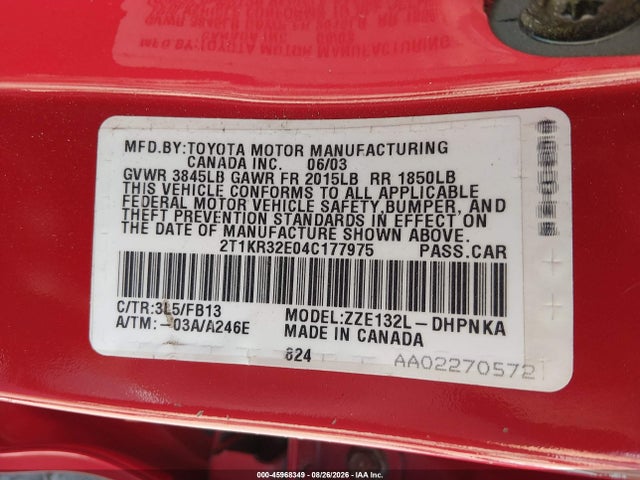 2004 Toyota Matrix Xr მანქანა იყიდება აუქციონზე, vin: 2T1KR32E04C177975, აუქციონის ნომერი: 45968349