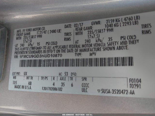 45968355 :رقم المزاد ، 1FMCU9GD3HUD10870 vin ، 2017 Ford Escape Se مزاد بيع