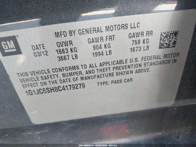 45968373 :رقم المزاد ، 1G1JC6SH8C4179279 vin ، 2012 Chevrolet Sonic 2lt مزاد بيع