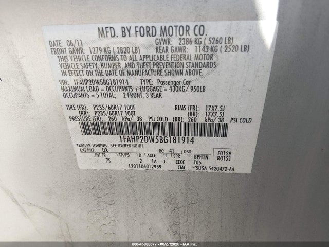 2011 Ford Taurus Se მანქანა იყიდება აუქციონზე, vin: 1FAHP2DW5BG181914, აუქციონის ნომერი: 45968377