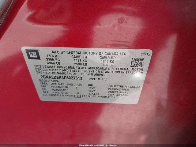 Продажа на аукционе авто 2013 Chevrolet Equinox 1lt, vin: 2GNALDEK4D6337613, номер лота: 45968389