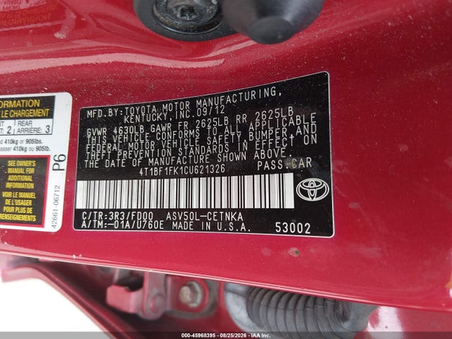 Aukcja sprzedaży 2012 Toyota Camry Le, vin: 4T1BF1FK1CU621326, numer aukcji: 45968395