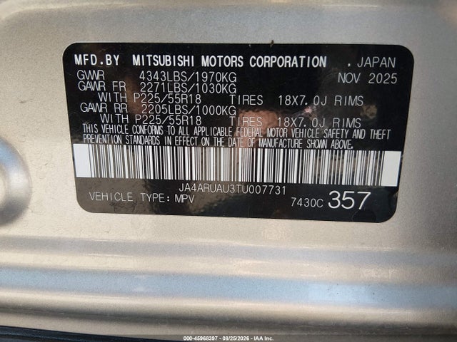 45968397 :رقم المزاد ، JA4ARUAU3TU007731 vin ، 2026 Mitsubishi Outlander Sport 2.0 Es/2.0 Le/2.0 Ralliart/2.0 S/2.0 Se/2.0 Trail Edition مزاد بيع